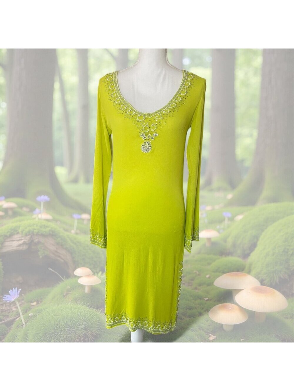 Zara Basic Womens Large Green Beaded Kurta Midi Dress Embellished Fairy Sequin